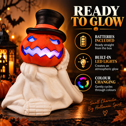 iN LED Colour Changing Ceramic Halloween Pumpkin Skeleton – Light-Up Halloween Decoration - Batteries Included – 19x17cm – Indoor Party Décor Ornament