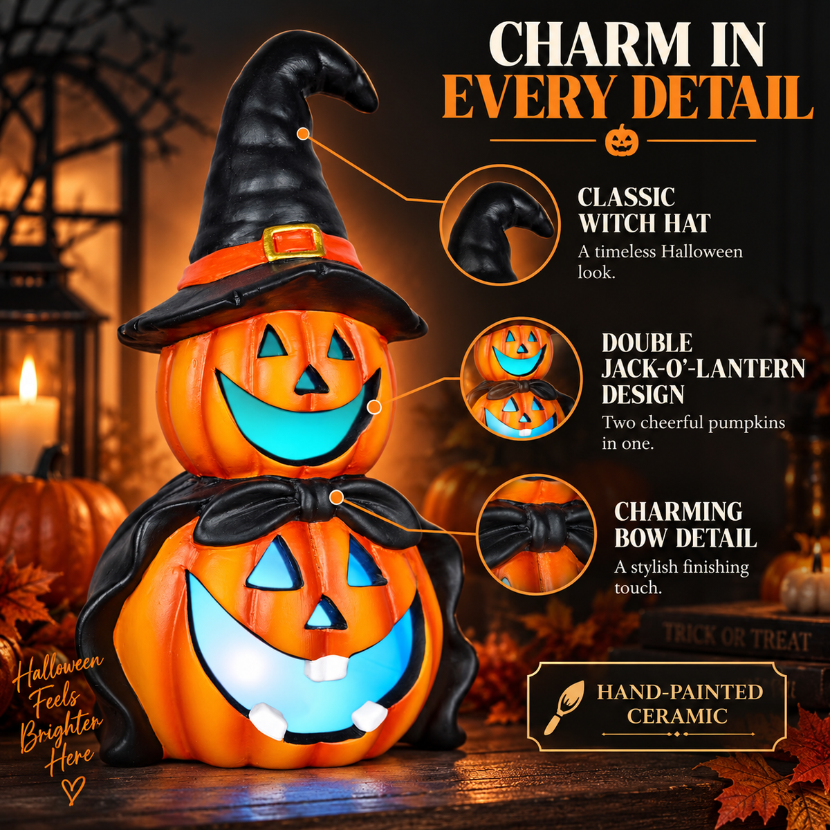 LED Colour Changing Ceramic Halloween Witch Pumpkin – Real Ceramic Halloween Decoration with Batteries Included – Indoor & Outdoor Use – 24x14cm Party Ornament