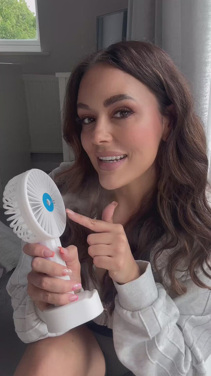 iN 3-in-1 Handheld Fan with Mist Spray – Rechargeable, 3-Speed, Phone Stand for Travel, Camping, Indoor