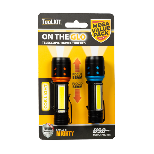 Set of 2 Telescopic Travel Torches | USB Rechargeable | Focus & Flood Beam 2-Year Warranty