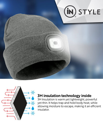 Rechargeable LED Light Thinsulate Beanie Hat (Unisex) (Grey) - DSL