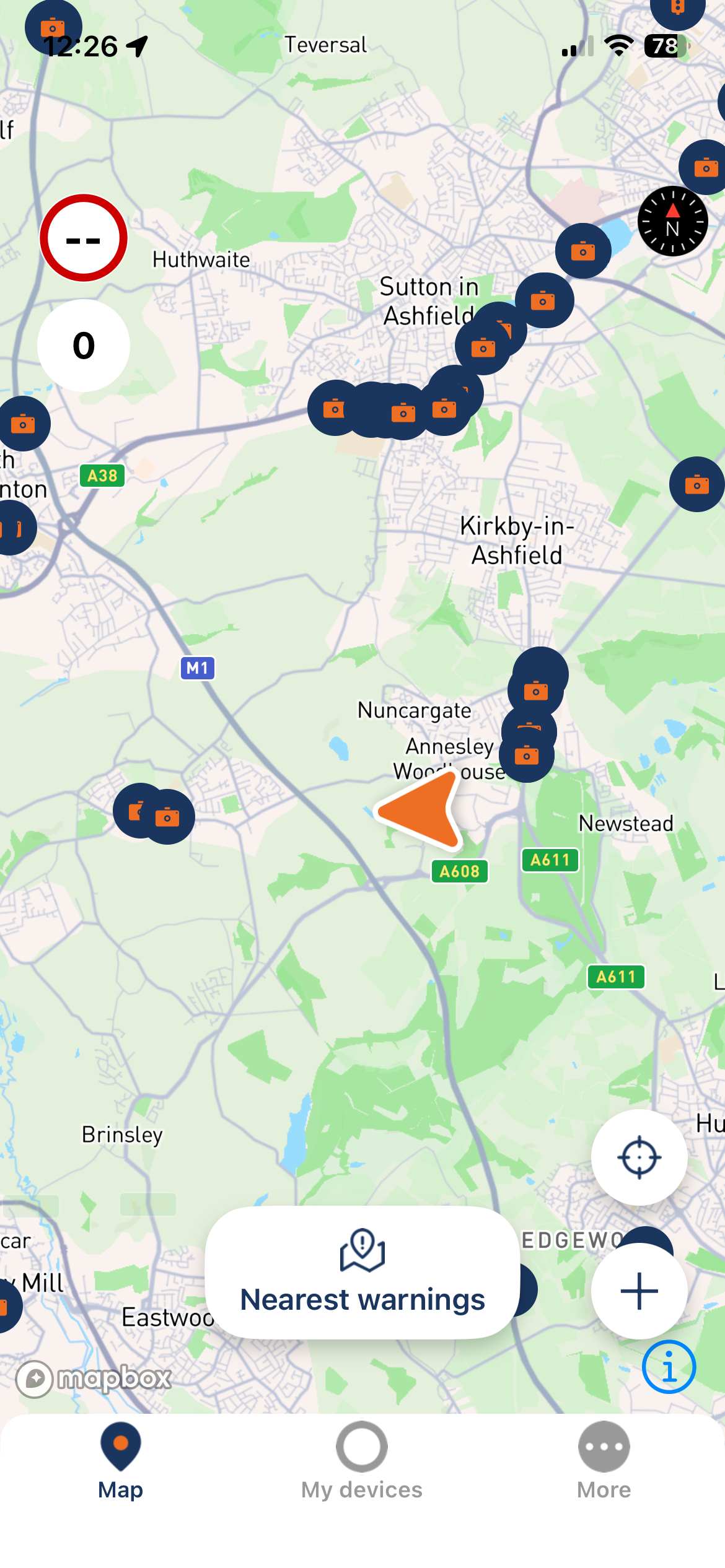 Road Patrol app map showing nearby speed-camera alerts