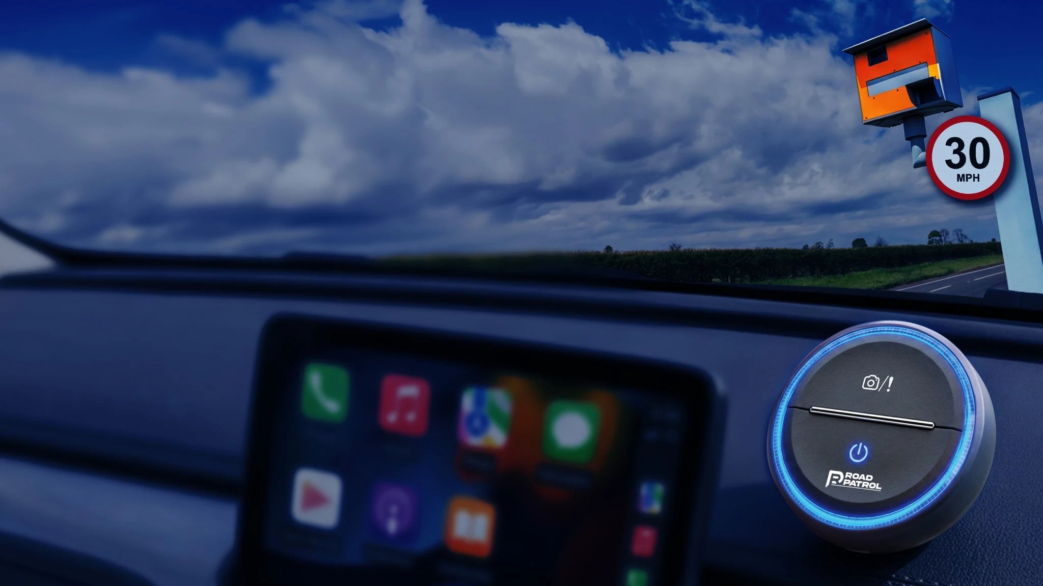 RYDAR road alert device on a car dashboard near a speed camera